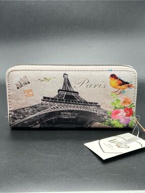 Paris Eiffel Tower Zip Around Wallet NEW Vegan Leather Floral Bird Travel Wallet